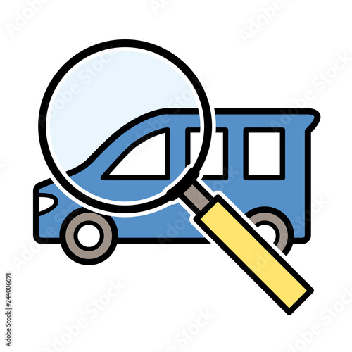 普通車の査定、調査のアイコンイラスト(車と虫眼鏡)