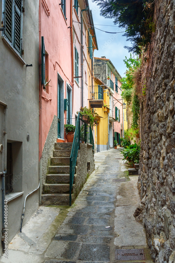 Old narrow street in Portovenere or Porto Venere town on Ligurian coast. Italy