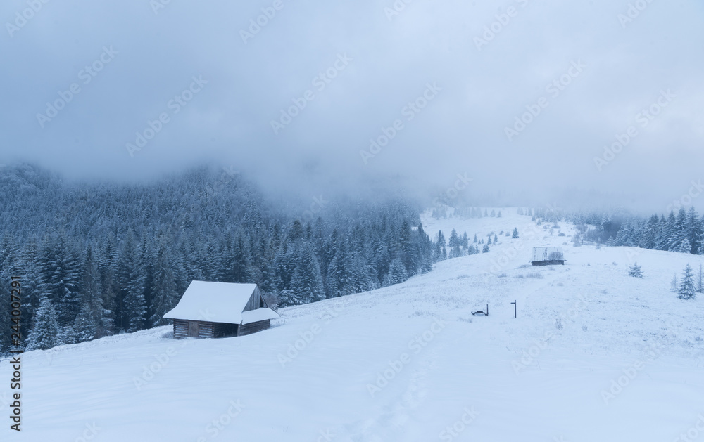 small house in the mountains winter