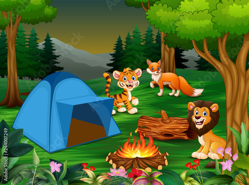 Cartoon some wild animals near the blue tent