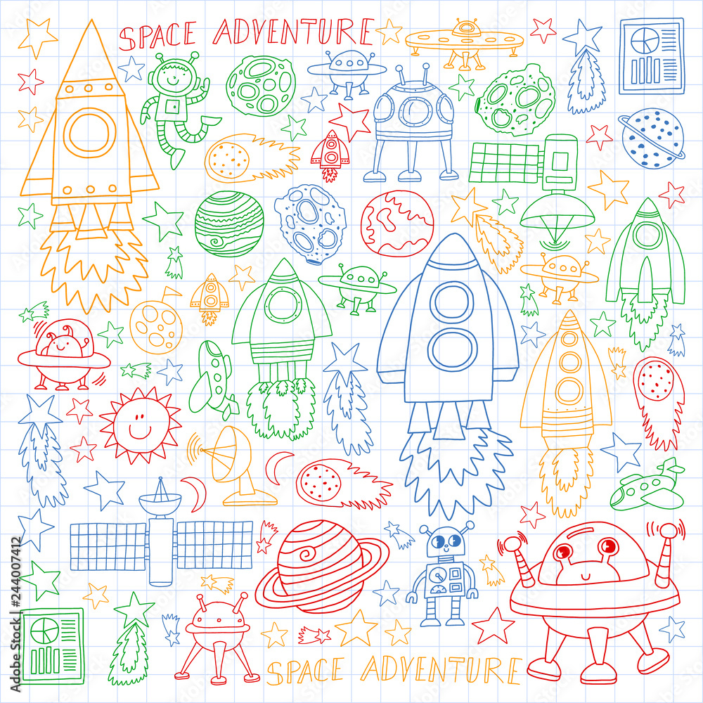 Vector set of space elements icons in doodle style. Painted, colorful, pictures on a sheet of checkered paper on a white background. Vector set of space elements icons in doodle style. Painted, colorful, pictures on a sheet of checkered paper on a white background.