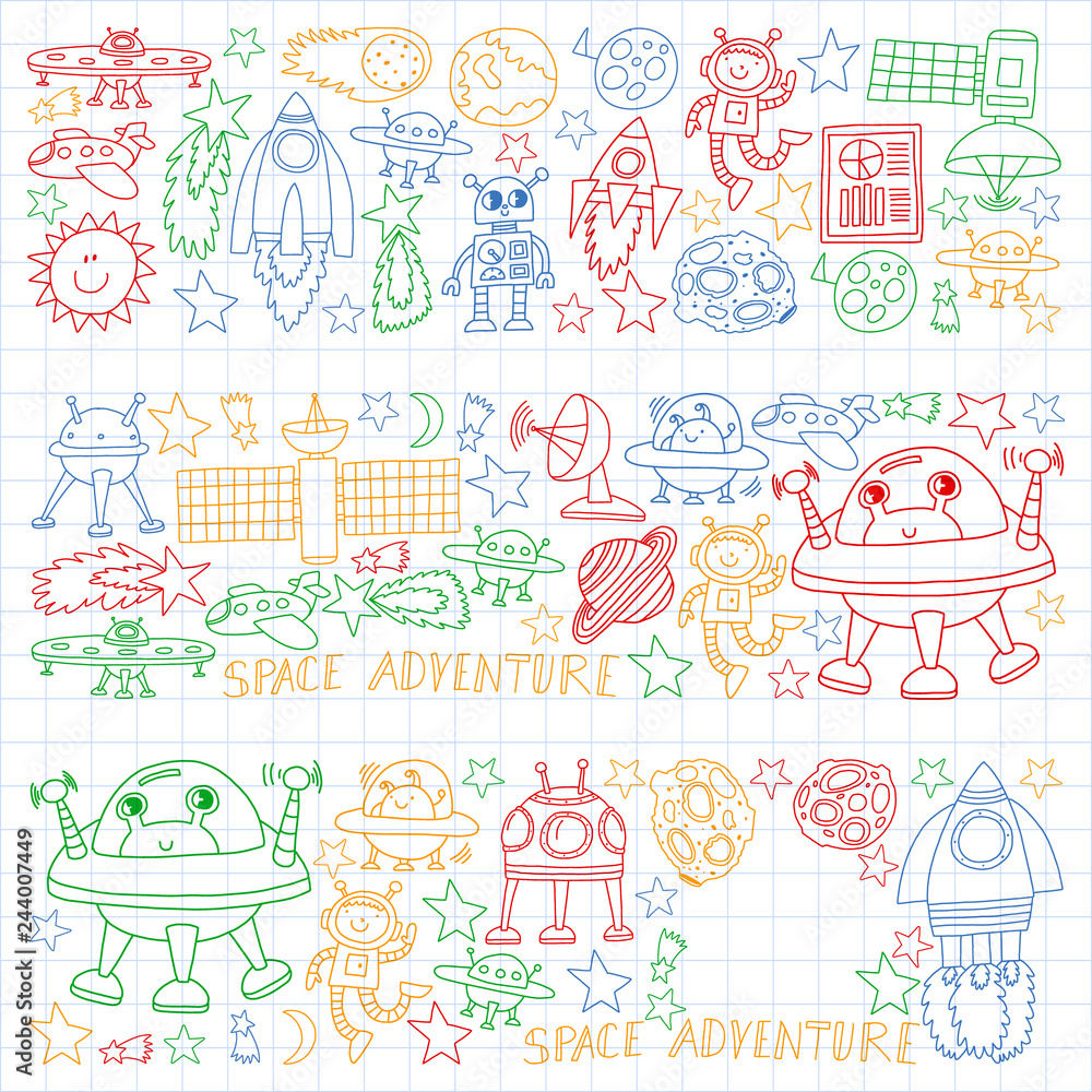 Fototapeta premium Vector set of space elements icons in doodle style. Painted, colorful, pictures on a sheet of checkered paper on a white background.