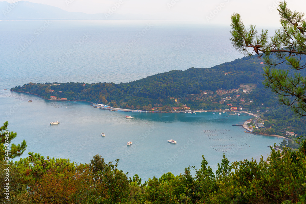 View of Palmaria island from Muzzerone mountain. Portovenere or Porto Venere town on Ligurian coast. Italy