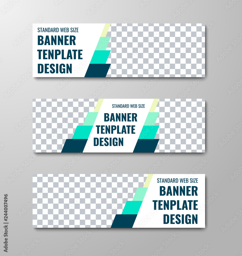 Set of vector horizontal white web banners with place for photo and blue elements. Set of vector horizontal white web banners with place for photo and blue elements.