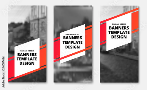 Template of vertical vector banners with a diagonal red stripe and white elements for text.