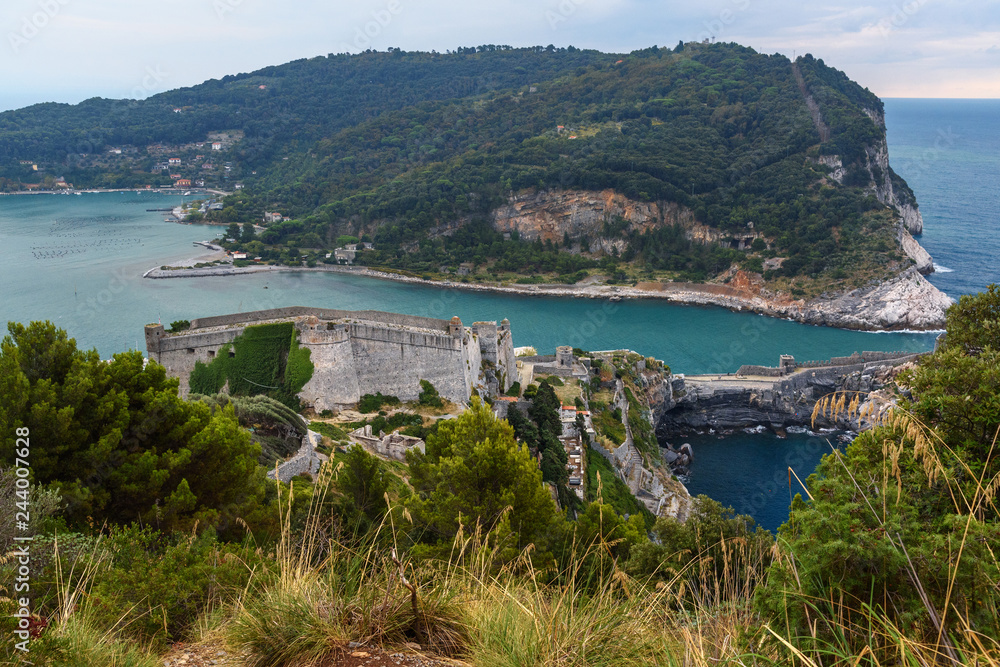 View of Castle Doria in Portovenere or Porto Venere town on Ligurian coast. Italy