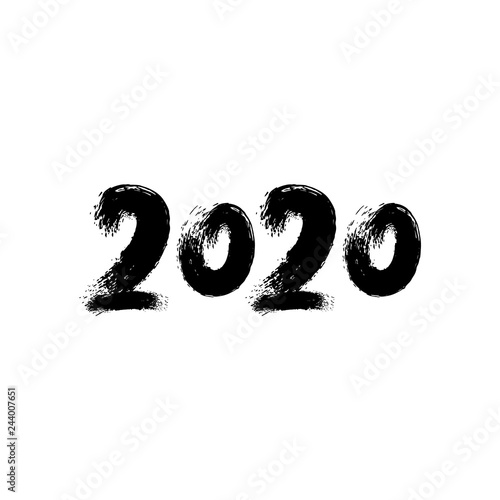 2020 hand written lettering. Black acrylic numbers. 2020 Happy New Year card with brush stroke