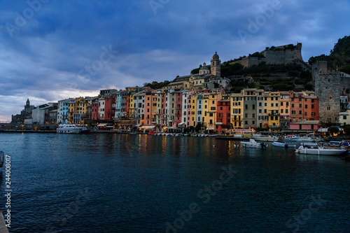 View of Portovenere or Porto Venere town on Ligurian coast at night. Italy