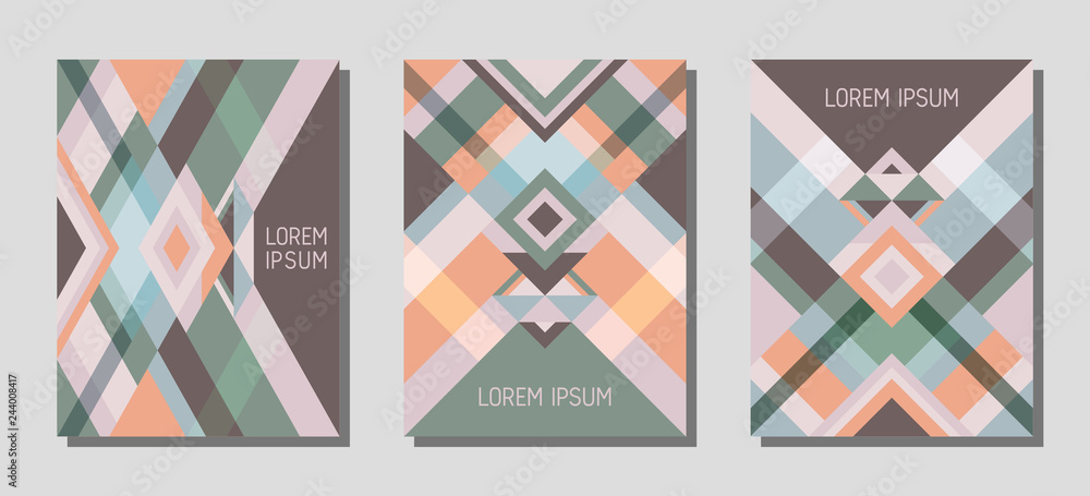 Cover page layout vector template geometric design with triangles and stripes pattern in brown, blue, green. Cover page layout vector template geometric design with triangles and stripes pattern in brown, blue, green.