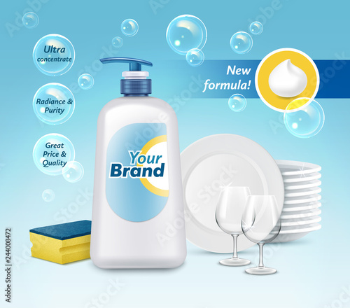 Vector illustration of dishwashing liquid soap in plastic packaging with label design. Brand name advertising poster
