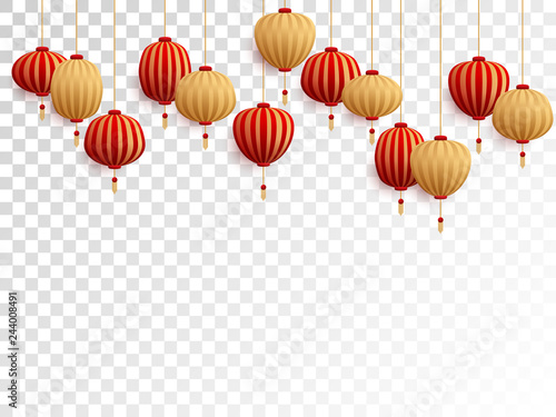 Red and gold chinese lanterns on transparent.
