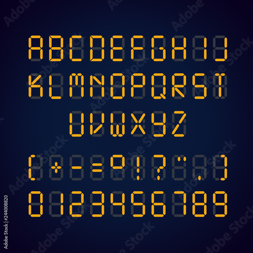Vector illustration of orange digital led font and numbers with signs on blue background
