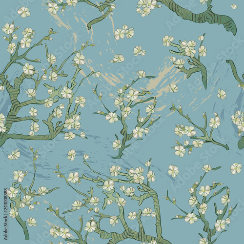 Spring almond branch, flowers pattern. Blooming tree vintage. Boho style. By pictures Vincent Van Gogh almond branch retro. photo