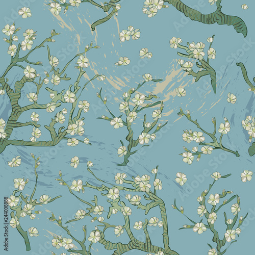 Spring almond branch, flowers pattern. Blooming tree vintage. Boho style. By pictures Vincent Van Gogh almond branch retro.