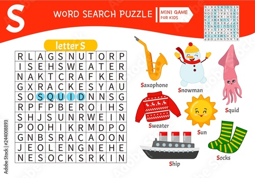 Words puzzle children educational game. Learning vocabulary. Letter S. Cartoon objects on a letter S.