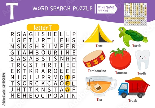 Words puzzle children educational game. Learning vocabulary. Letter T. Cartoon objects on a letter T.