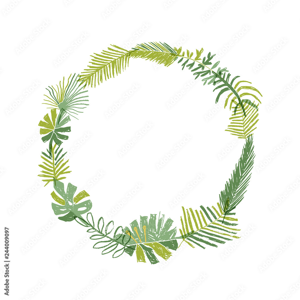 Tropical flower composition, hand drawn circle greenery botanical wreath. illustration isolated on white background. Floral paradise, exotic plant leaf border