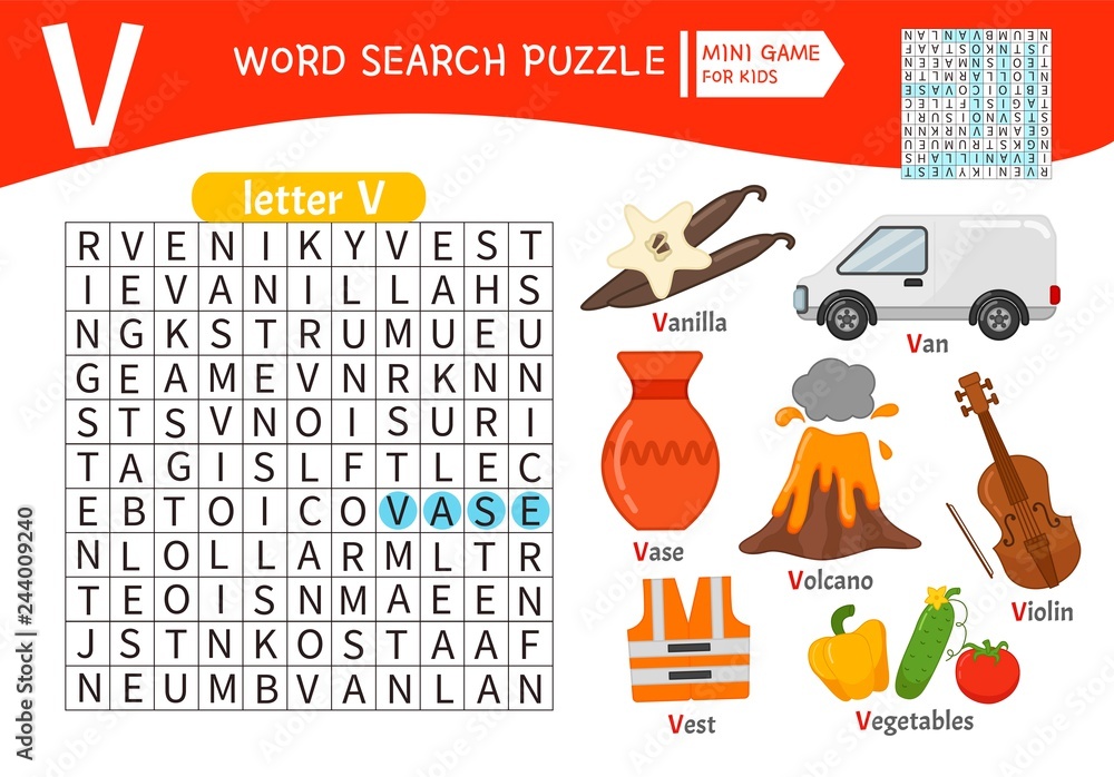 Words puzzle children educational game. Learning vocabulary. Letter V.  Cartoon objects on a letter V Stock Vector | Adobe Stock