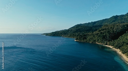 aerial drone image of a remote south pacific island with sandy beach shore and beautiful ocean sea seascape and lush tropical rainforest jungle © simanlaci