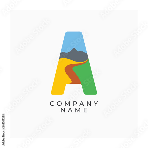 Logo letter A with the image of nature. Icon A. Abstract logo with landscape. Label for agricultural or eco company. Bright  and colorful vector logotype