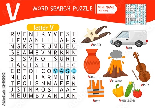 Words puzzle children educational game. Learning vocabulary. Letter V. Cartoon objects on a letter V