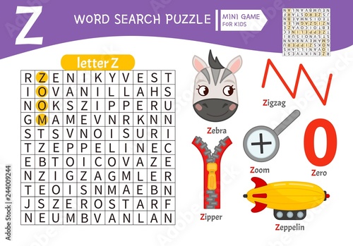Words puzzle children educational game. Learning vocabulary. Letter Z. Cartoon objects on a letter Z
