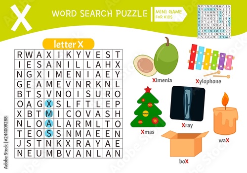 Words puzzle children educational game. Learning vocabulary. Letter X. Cartoon objects on a letter X