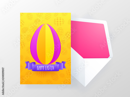 Creative greeting card design with paper origami of egg for Easter festival celebration.