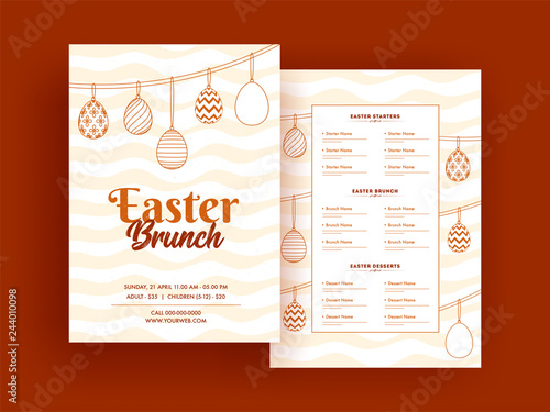 Easter Brunch menu card or template design with date, time and venue details.