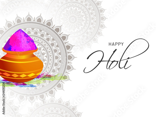 Happy Holi celebration greeting card design with earthen pot full of dry colors on mandala decorated background.