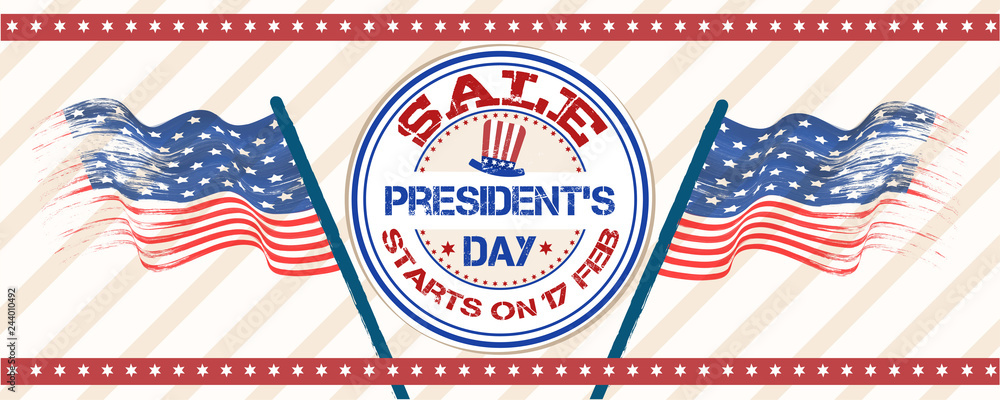 President Day sale header or banner design with rubber stamp and wavy USA flags illustration. President Day sale header or banner design with rubber stamp and wavy USA flags illustration.