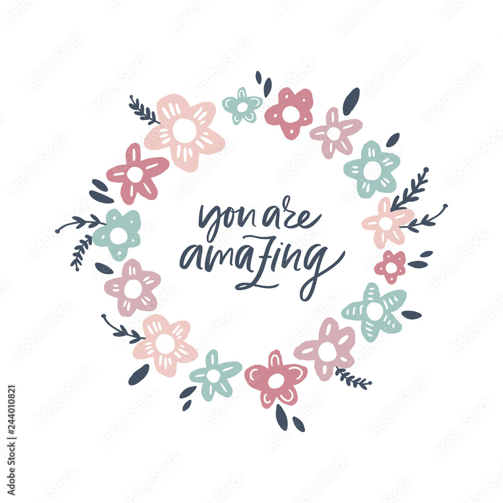 Vector frame template with flowers and typographic design elements