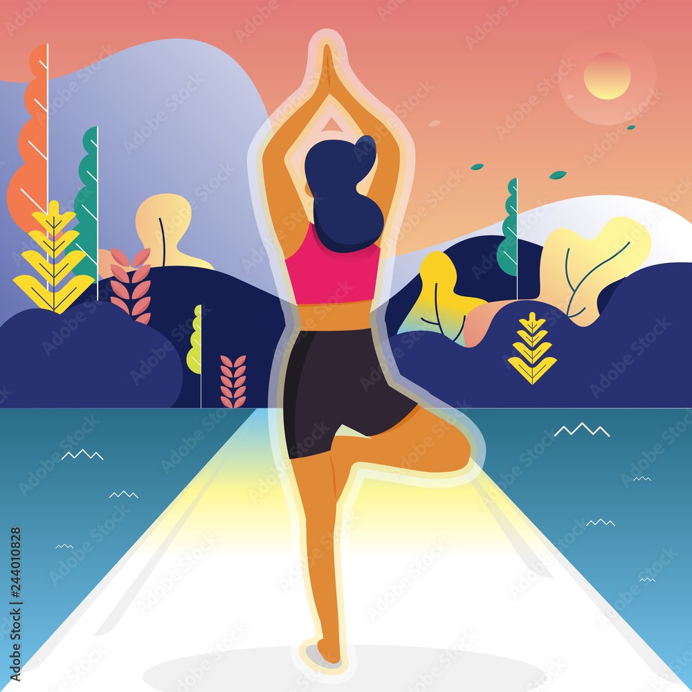 Vector illustration - yoga girl. Fitness characters on park landscape  background. Exercise people healthy life. Banner, site, poster template.  art. background Stock Vector | Adobe Stock