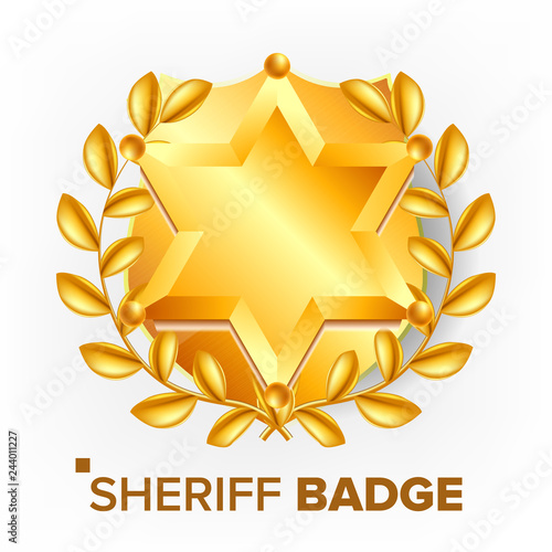 Sheriff Badge Vector. Golden Star. Sevurity Emblem. Retro Object. 3D Realistic Illustration