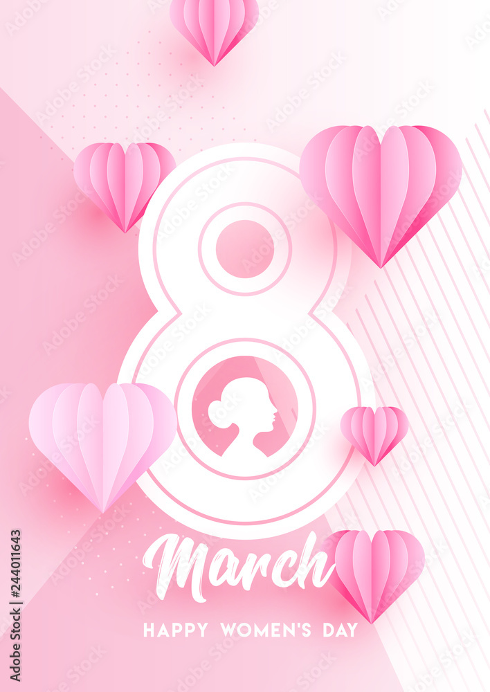 Pink paper hearts shapes decorated abstract background for 8 March International Women's day greeting card design.