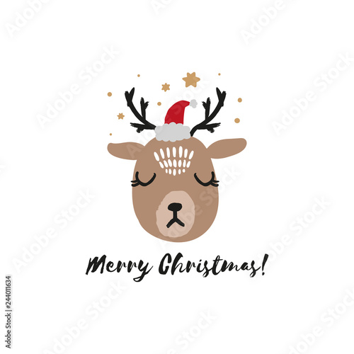 Vector cute winter polar deer Santa with text