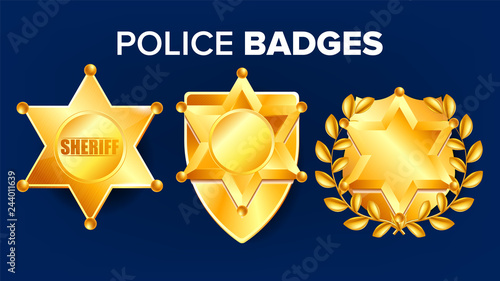Sheriff Badge Vector. Golden Star. Officer Icon. Detective Insignia. Sevurity Emblem. Western Style. Retro Object. 3D Realistic Illustration