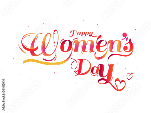 Calligraphy of Happy Women s Day with tiny heart shapes on white background.