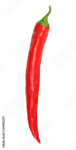 one red hot chili pepper isolated on white background. top view