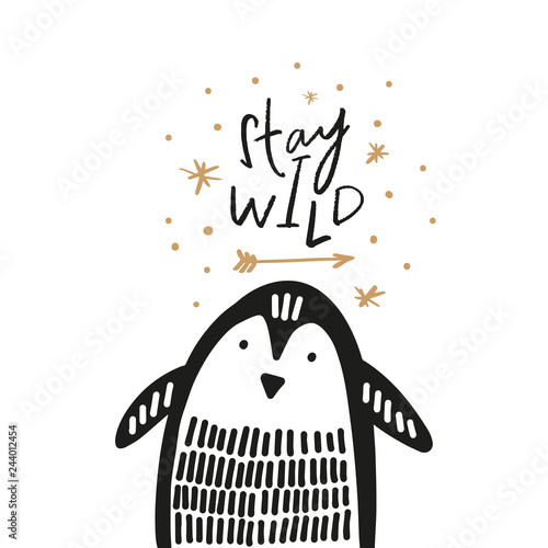 Cute nursery hand drawn little penguin, baby animal print