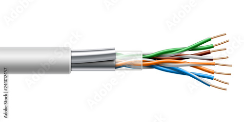 Twisted pair cable with fiol shield structure. Vector realistic illustration.