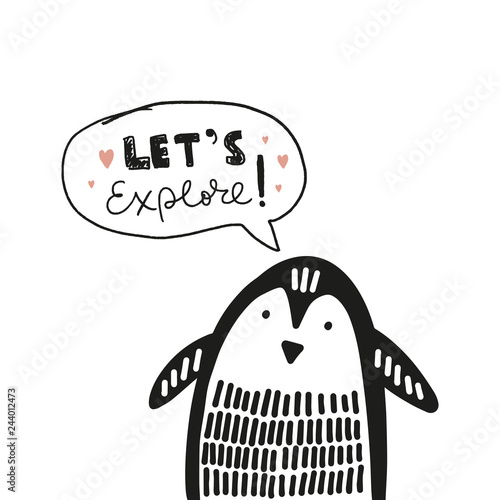 Cute nursery hand drawn little penguin, baby animal print
