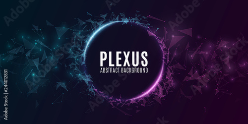 Geometric plexus banner of flying triangles and dots on a dark background. Purple and blue glowing connected triangular elements. Scientific background for your design. Vector illustration