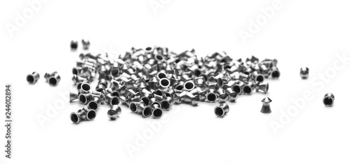 Lead pellets for air rifle isolated on white background and texture