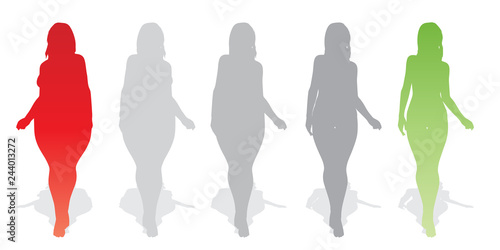 Vector conceptual fat overweight obese female vs slim fit healthy body after weight loss or diet with muscles thin young woman isolated. Fitness, nutrition or fatness obesity, health silhouette shape