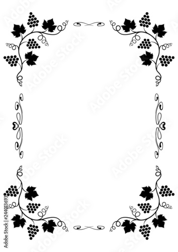 Vector illustration of decorative border and separator, template for menu or card with bunches of ripe grapes, leaves and curlicue. Calligraphy and typography design element. Page format A 4.