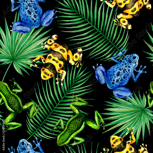 Seamless watercolor pattern with tropical leaves and frogs. Hand painted illustration isolated on black background. © Екатерина Роменская