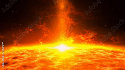 Sun eruption with large energy flares. Plasma matter eruption over star surface. Space exploration 3D abstract background. photo