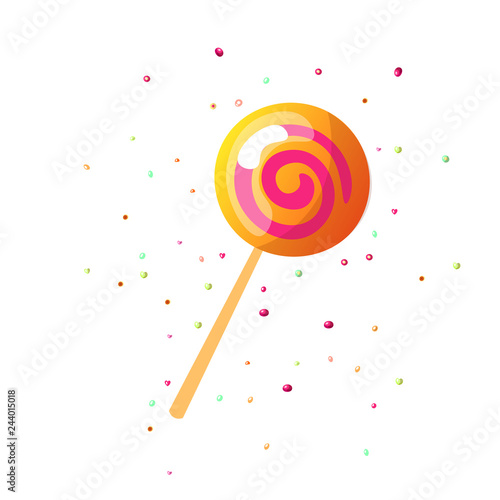 Cute cartoon sweet lollipop icon. Cute colored cartoon lolly icon round form isolated on white background. Sweet caramel and sugar lolipop icon with decoration. Lollipop icon isolated