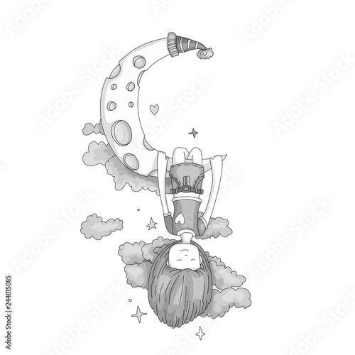 Colorless a little girl sleeping and dreaming, hanging on a crescent moon among the stars and clouds. Grayscale Little girl dreaming on the moon. Dreaming little girl vector cartoon hand draw